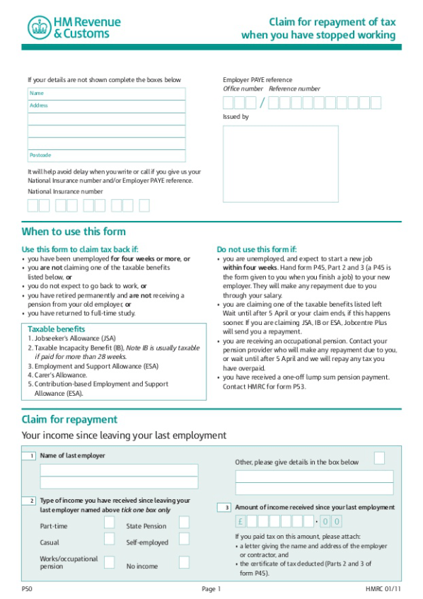 HMRC P50 FORM TO FREE DOWNLOAD