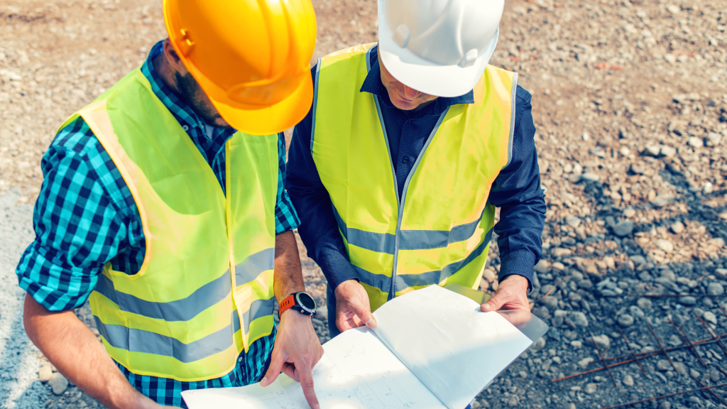 Two men in high vis vests and hard hats, looking at some construction plans.