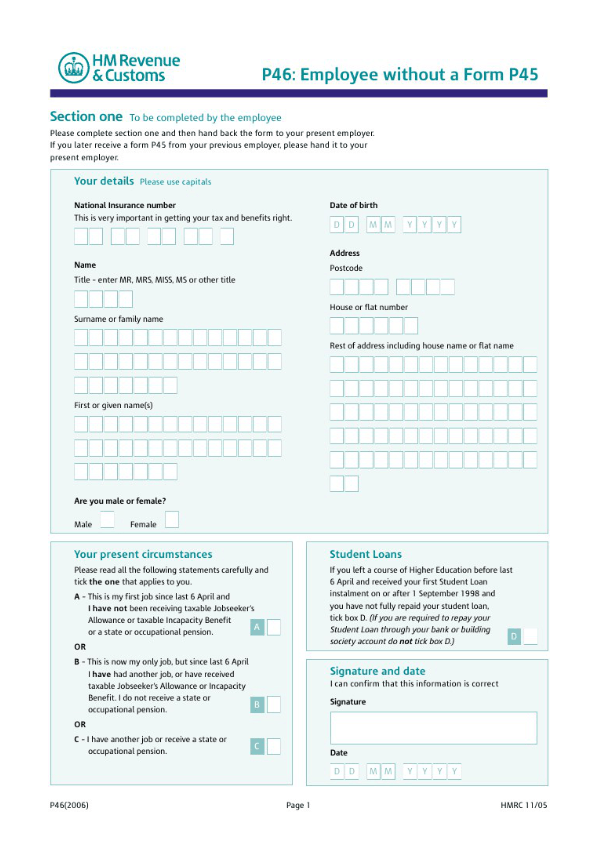 Screenshot of page 1 of the P46 form.