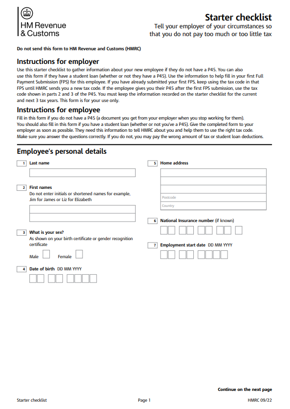 Screenshot of page 1 of the new starter checklist.